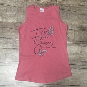 Fawn Fall For Jesus He Never Leaves V-Neck Tank Top Shirt Women Small Pink Tank